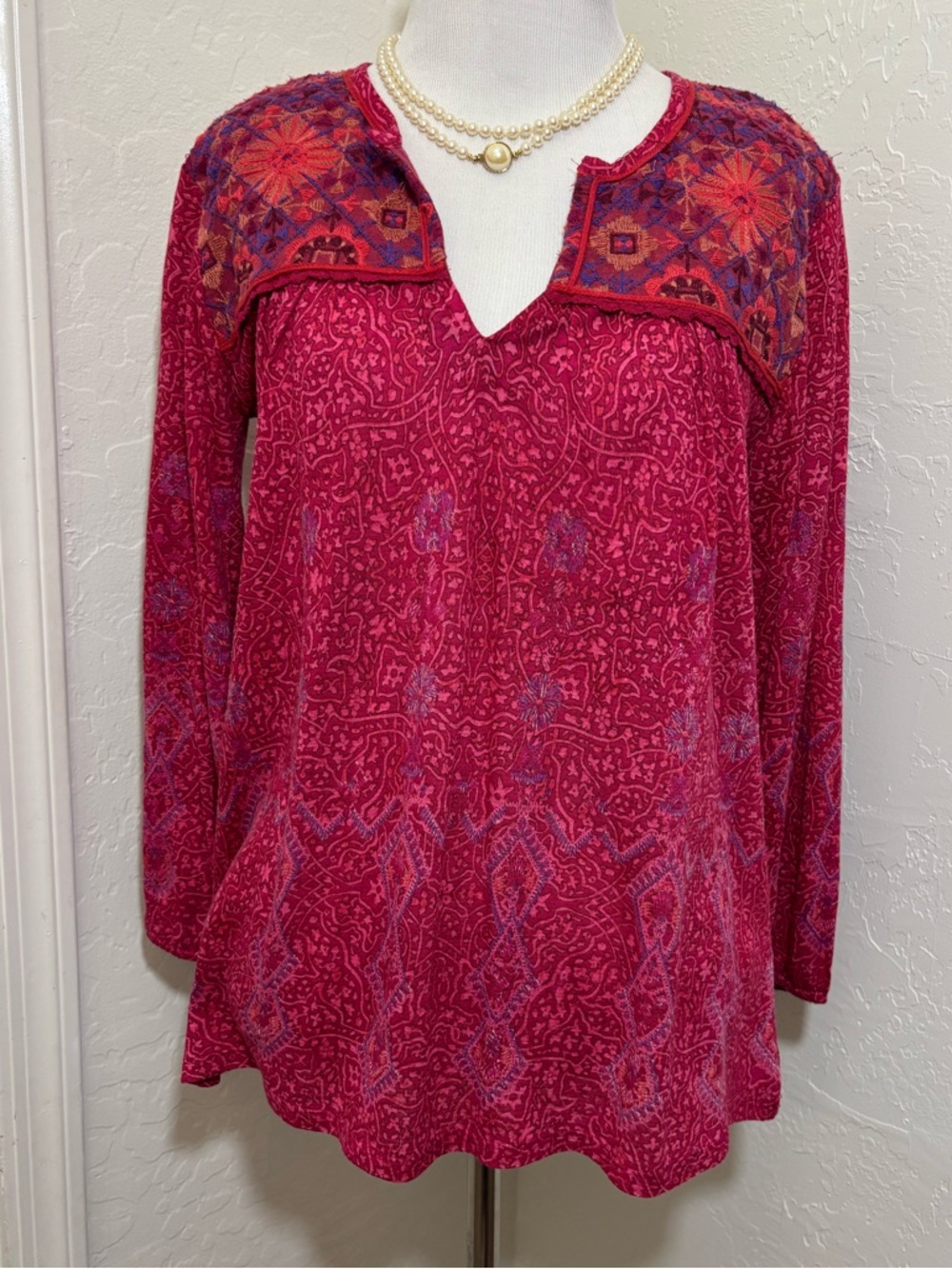 LUCKY BRAND Embroidered Boho Peasant Top Size M